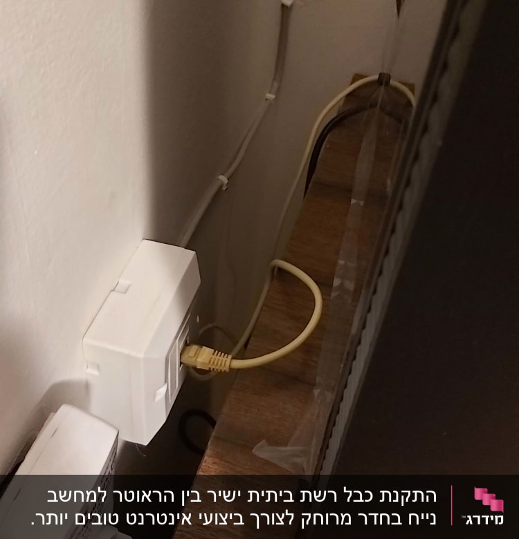 כבל רשת מחובר לשקע קיר לבן
